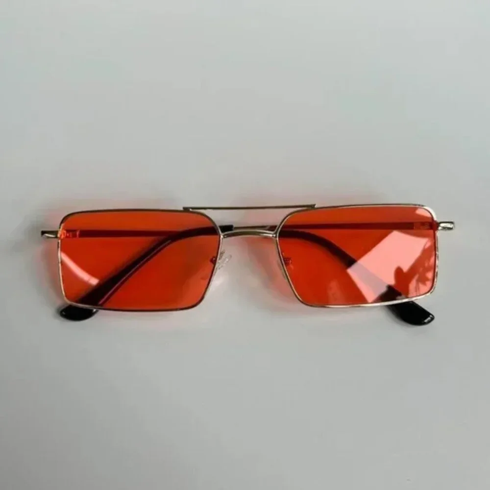 vintage y2k 90s 2000s unique slim gold trim red lens sunglasses